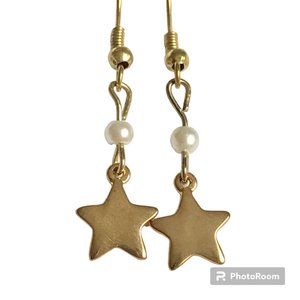 Pearl Star Earrings Gold Plated Dainty Dangle White Glass Bead Stars